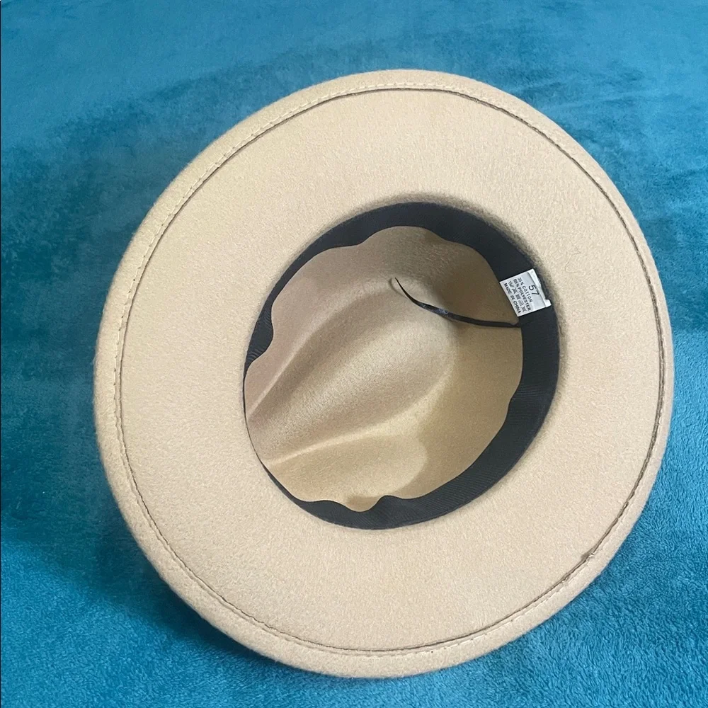 Tan Beige Women's Felt Fedora Western Cowboy Hat Brown Belt Tall  Feather Accent